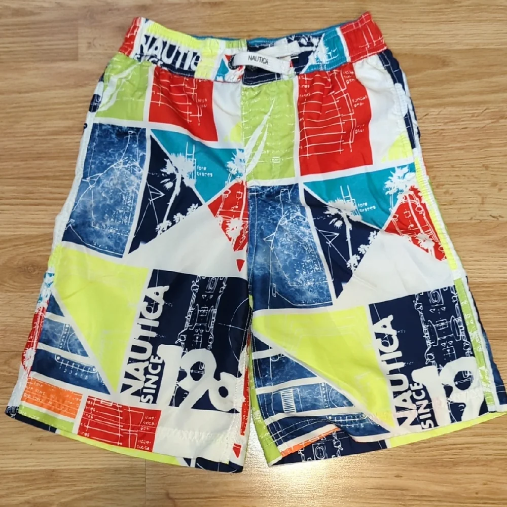 Nautica Red and Blue Swim Trunks Vibrant Geometric Design - Picture 1 of 7